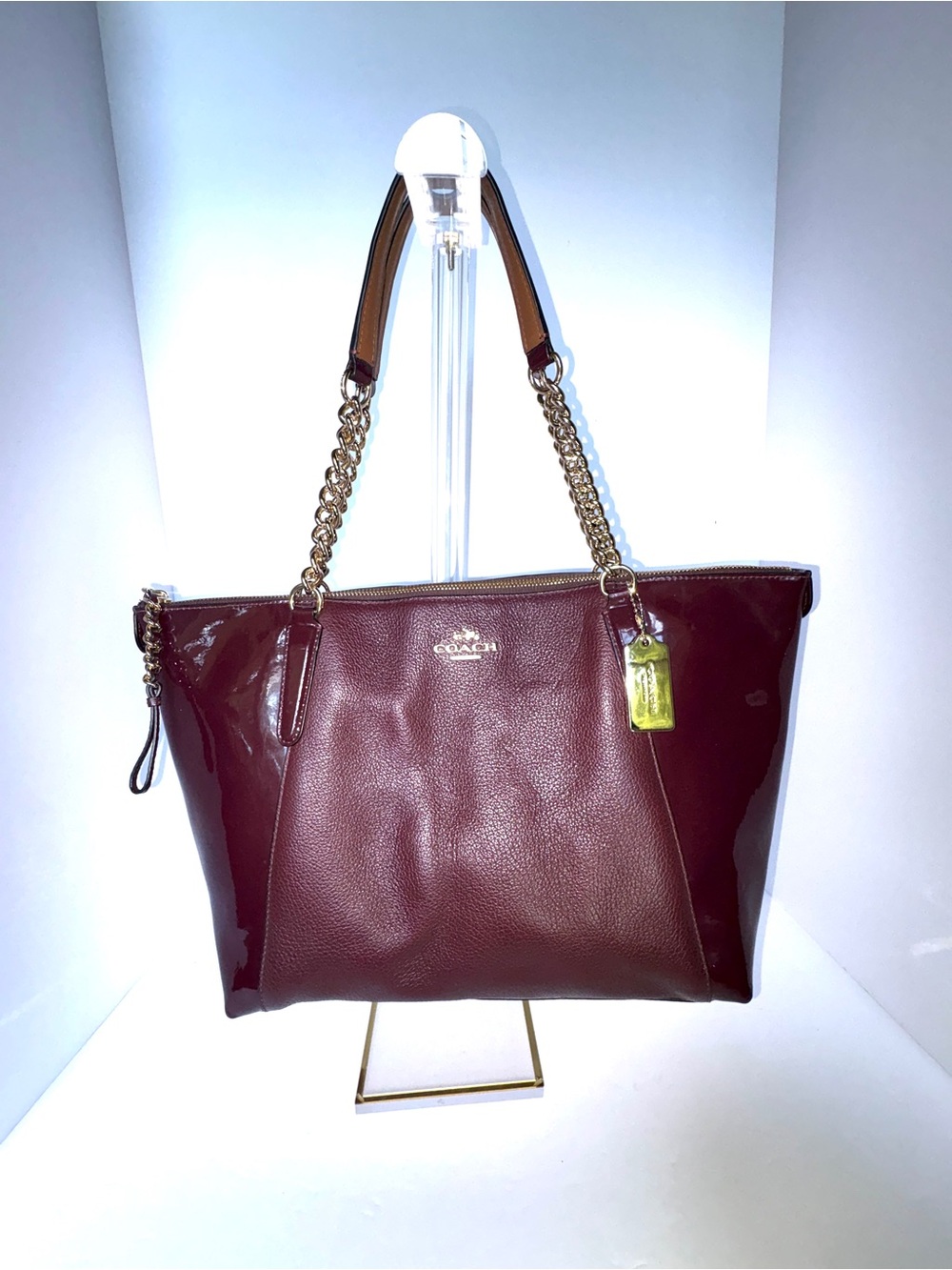 Coach Wine Red Leather Tote with Gold Chain Straps